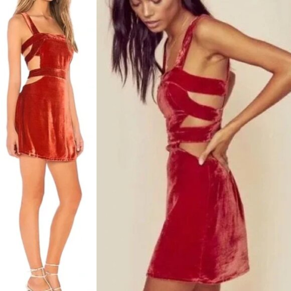 For Love & Lemons Velvet Kate Overall Dress in Rustic Red Large - Picture 2 of 13